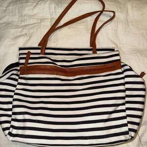 Striped Black and White Tote Bag with Tan Accents